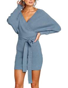 Femmes Sexy <span class=keywords><strong>Cocktail</strong></span> Batwing Manches Longues Dos Nu Mock Wrap Pull En Tricot Mini <span class=keywords><strong>Robe</strong></span> - Product Image 4