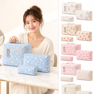 3 Piece Quilted Makeup Bag Set 10.6 Inch Floral Print Cosmetic Double Zipper Top Handle Travel Toiletry Women Gift <b>Suitcase</b> Pack - Product Image 1