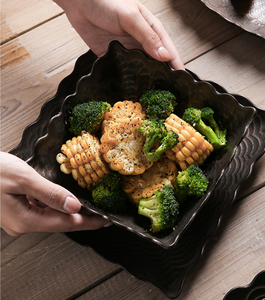 Service de vaisselle vintage rétro en grès, assiettes et bols carrés en céramique avec texture ondulée pour salade, steak, maison, cuisine, restaurant - Product Image 5