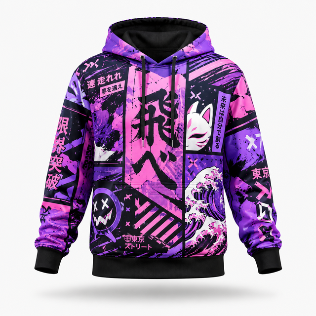 Custom Tokyo Anime Hoodies Oversized ODM/OEM Japanese Street Art Applique Embroidered Cyberpunk Style Urban Fashion
