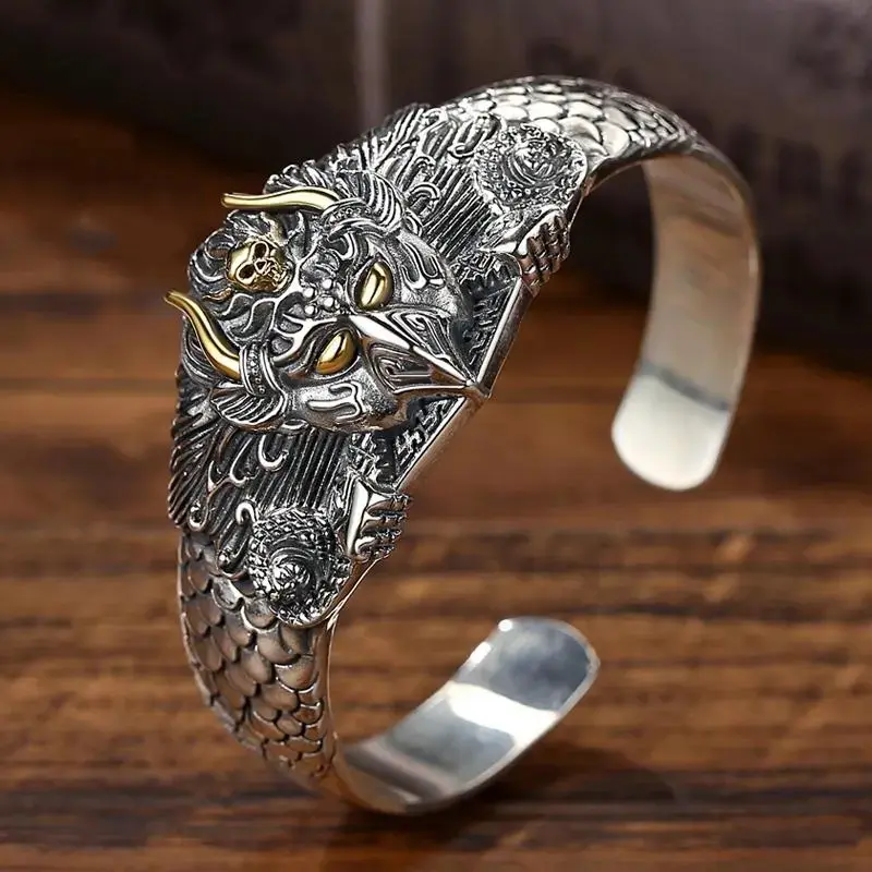 Silver Plated Cuff Bangle for Men Vintage Thai Silver Men's Personality Domineering Roc Bird Exaggerated Wide Open Bracelet