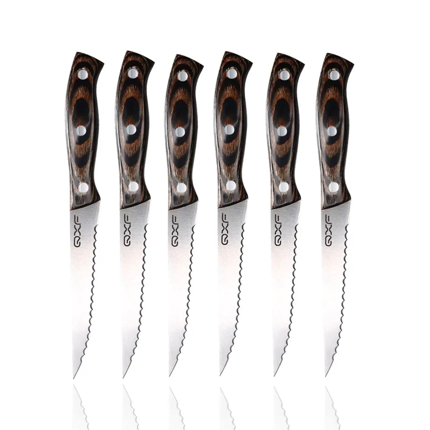 QXF neues Full Tang Design deutsches Hochkarbonstahl-Edelstahl 5-Zoll zerspitztes Steak-Messer-Set mit Pakka-Holzgriff