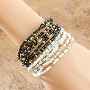<b>Beaded</b> <b>Bracelets</b> Black White Acrylic Resin Bohemia Style Elastic Unisex Fashion Jewelry Set - Product Image 2