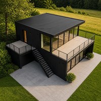 Maison mobile à deux niveaux avec structure en acier, façade contemporaine, balcon et portes vitrées pleine hauteur