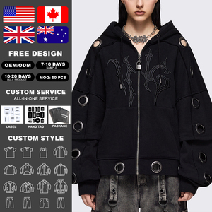 Sudadera con capucha y cremallera KingSen personalizada con bordado, mangas con patchwork y detalles de ojales metálicos, estilo casual urbano. - Product Image 2