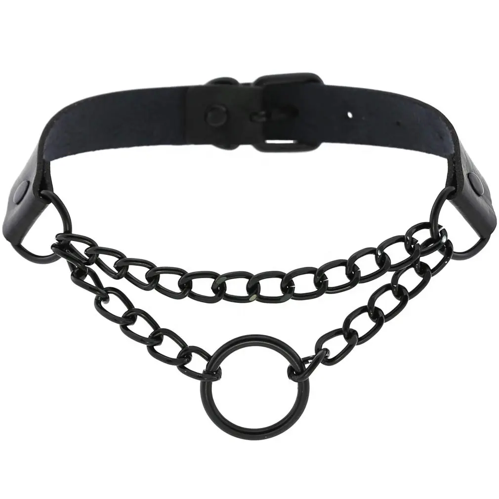 Women Men punk Exaggerated Handmade Chain Choker Necklace O Round Black Metal Leather Collar Bondage Harness Necklace