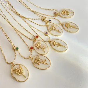 Vintage Brass phụ kiện bán buôn DECEMBER hoa hình bầu dục Nữ Vỏ Vòng cổ nữ Birthstone sinh Hoa xương đòn chuỗi