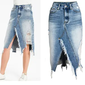 Groothandel Schade Gat Kwastje Blauwe Knop Dames Zwaluwstaart Rok Vrouwen Plus Size Denim Jeans Rokken