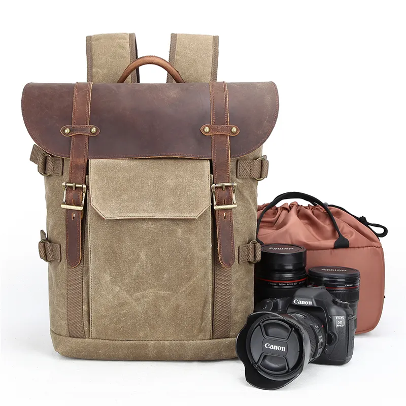 Stokta su geçirmez en Vintage hakiki deri tuval kamera seyahat için sırt çantası