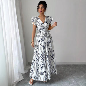 Yeni bahar/yaz 2025 baskılı ruffled v yaka seksi zayıflama uzun elbise - Product Image 3