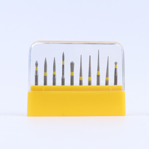 Jeu de fraises diamantées dentaires 1,6 mm à tête conique, fraises à résine haute vitesse pour préparation dentaire, 10 pièces, étui jaune - Product Image 3