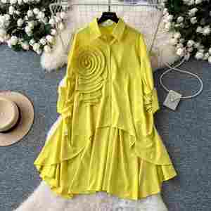 Robe midi asymétrique à col polo pour femme, robe en dentelle 3D Empire Shift, rouge, noir, jaune, blanc - Product Image 2