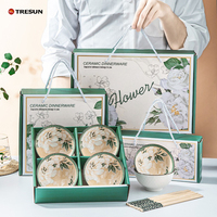 Boîte cadeau, bol en céramique en porcelaine imprimé coloré sous glaçure, cuisine, 2, 4, 6 pièces, bol à riz, soupe, 4,5 pouces, ensemble de bols de service avec baguettes