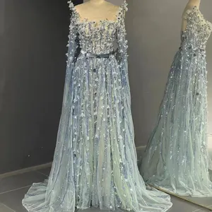 QUEENS GOWN3DフラワードレスAラインブルー長袖ボートネックファッションショーステージドレス