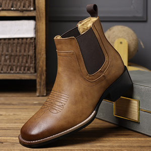 <span class=keywords><strong>Botas</strong></span> Vaqueras Occidentales Bordadas Retro para Hombre, <span class=keywords><strong>Botas</strong></span> Chelsea de Tacón Grueso y Caña Baja, Estilo Europeo y Americano - Product Image 1