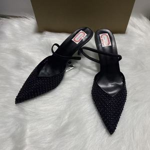 2026 Summer Fashionable Red Mesh Beads High Heels Korean Style Pointed Toe <b>Half</b>-<b>Slip</b> <b>Slip</b>-On Versatile Outdoor Height Increasing - Product Image 2