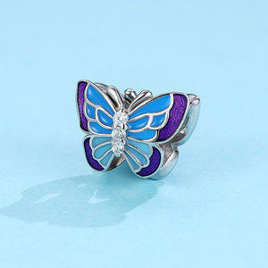 Colgante de mariposa de plata S925 con esmalte bicolor azul y morado, con 3 circonitas cúbicas, elegante joya de insecto para mujer - Product Image 4