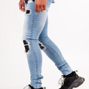 กางเกงยีนส์เดนิมสีน้ำเงินทรงสลิมฟิตแต่งหนังเทียมสีดำสไตล์ขาดๆ เซอร์ๆ สำหรับผู้ชาย แฟชั่นสุดฮิต ลดราคาพิเศษ - Product Image 3