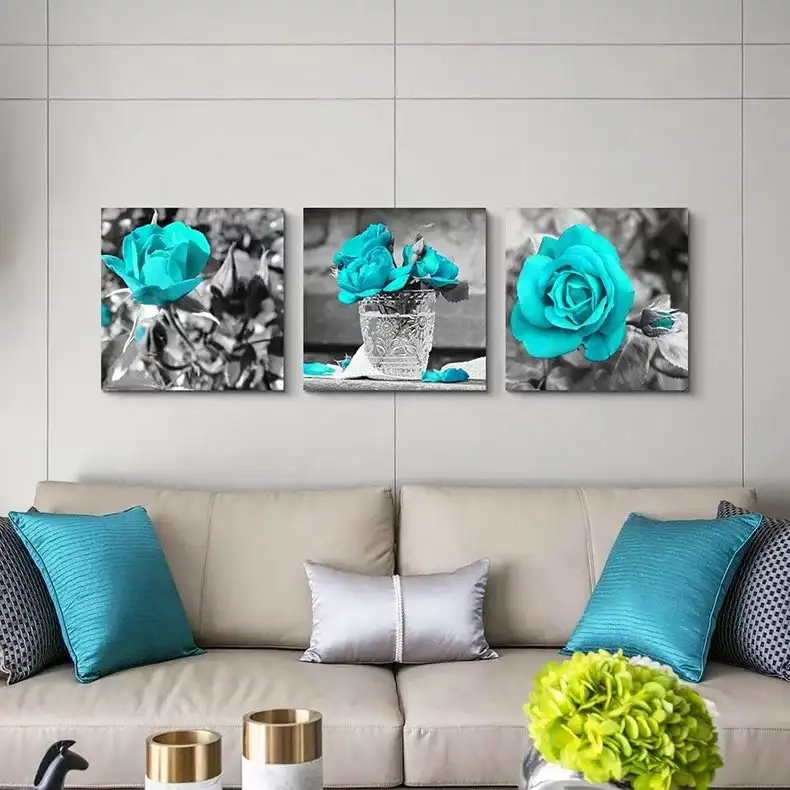 Amazon sıcak satış suluboya Giclee sanat siyah sınır ile boyama mavi gül çiçek çerçeveli tuval baskılar duvar sanatı
