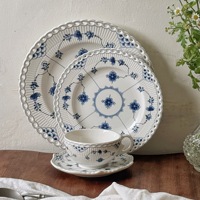 Assiettes, tasses, soucoupes et bols à soupe TECANXIN en porcelaine émaillée, motif végétal écologique bleu, style américain, en dentelle pleine, motif herbe Tang