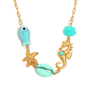 Verano playa océano moda 18K chapado en oro Acero inoxidable impermeable joyería Shell pez caballito <span class=keywords><strong>de</strong></span> <span class=keywords><strong>mar</strong></span> estrella <span class=keywords><strong>de</strong></span> <span class=keywords><strong>mar</strong></span> collar <span class=keywords><strong>de</strong></span> cadena - Product Image 1