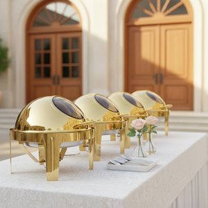 Scaldavivande Rotondo Dorato da 6L in Acciaio Inossidabile con Fornello ad Alcool per Hotel, Catering, Matrimoni e Banchetti - Product Image 1