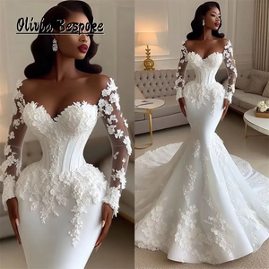 Maravillosos vestidos de <span class=keywords><strong>novia</strong></span> de sirena Aso Ebi para novias 2025 Apliques de encaje mangas largas vestidos de compromiso de <span class=keywords><strong>novia</strong></span> africanos personalizados - Product Image 4