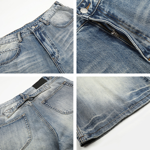 Pantalones Cortos Vaqueros Americanos Retro Personalizados, Lavados, Azules, Estilo Urbano, Vintage, Rectos, Desgastados, Blanqueados y con Efecto Desgastado - Product Image 4