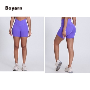 Shorts de sport pour femmes Boyarn, taille haute croisée, séchage rapide, respirant, extensible dans les quatre sens, logo personnalisable, superposition sur les hanches - Product Image 3