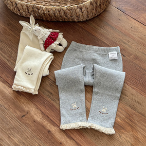 Girls Knitted Leggings Off White Grey Cotton Cartoon Rabbit Embroidery Spring Autumn Wear - Product Image 3
