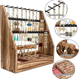 Wooden Jewelry Storage Rack <b>Earring</b> Holder Solid Wood Retro Style Jewelry Organizer Display Stand With Drawer For Necklace Ring - Product Image 2