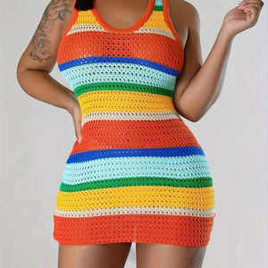 <span class=keywords><strong>Robe</strong></span> <span class=keywords><strong>moulante</strong></span> d'été pour femmes sans manches col rond arc-en-ciel rayé gilet tricoté taille naturelle Style décontracté Simple pour <span class=keywords><strong>Amazon</strong></span> - Product Image 1