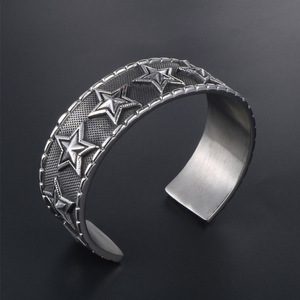Retro Five Pointed Star Wide <b>Bracelet</b> Tibetan <b>Silver</b> Men's Open Style Punk <b>Cuff</b> SZ040 - Product Image 2