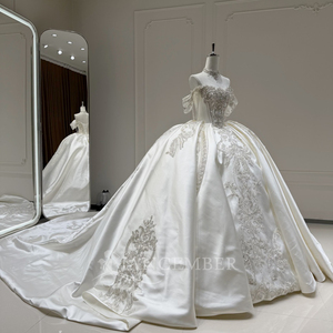 Robe de mariée de luxe Xx106 en satin ivoire, coupe princesse, épaules dénudées, corset orné de cristaux, Jancember - Product Image 5