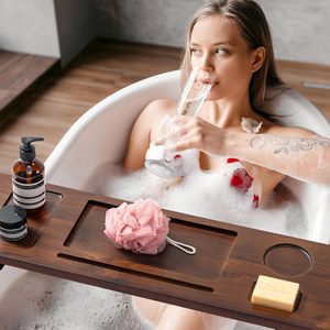 Plateau de bain en bois de teck, plateau de bain réglable de 35 pouces pour baignoires autoportantes, <span class=keywords><strong>avec</strong></span> support antidérapant pour téléphone et verre à vin - Product Image 6