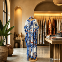 Robe Boubou Africaine Traditionnelle pour Femme, Col en V, Ample et Décontractée, avec Poches et Foulard, Imprimé Rayé, Idéale pour les Vacances, Collection 2026