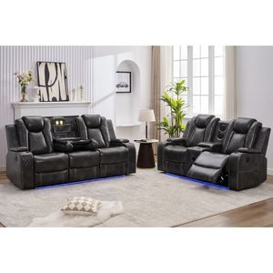 Modern Power <b>Reclining</b> 3+2 LED Lighting Sofa Set with Massage Feature Cup Holders USB Ports & Drop-Down Table Leather Extendable - Product Image 1