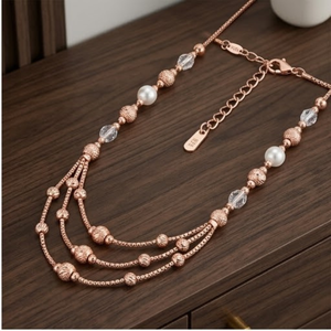 Collier Mala italien en argent 925, finition or rose, multi-couches, perles et cristaux, bijoux de créateur pour femmes, cadeau de mariage - Product Image 3
