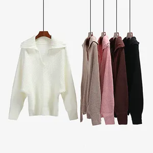 Fast Delivery ODM/OEM Sweater Ladies Oversize Knit Pullover Turn-down Collar Batwing Sleeve Links Knitted Sweater Women