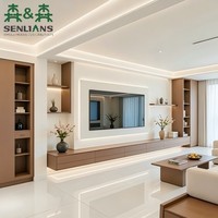 Meuble TV mural intégré moderne de luxe avec console multimédia flottante, rétroéclairage LED et système d'armoires au fini mat