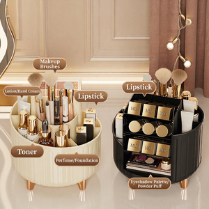 Black Round Plastic Makeup Organizer Rotatable Cosmetic Storage <b>Bin</b> with Gold Legs Modern Luxury Design - Product Image 2