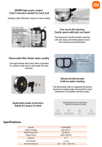 XM Electric Glass <strong>Kettle</strong> 1.7L One-touch Lid Opening Removable Filter EU <strong>Plug</strong> 2200W Fast Boiling <strong>Kettle</strong> - Product Image 6