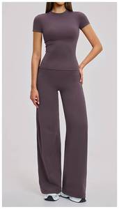Conjunto Deportivo para Mujer, Top Corto con Cuello Cuadrado, Camiseta de Manga Corta, Leggings de Cintura Alta, Pantalones Anchos, Conjunto de Yoga - Product Image 5