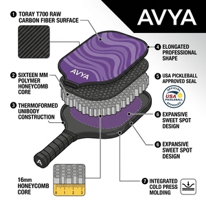 Pala de Pickleball Profesional AVYA Aura Purple Wave T700 de <span class=keywords><strong>Fibra</strong></span> de Carbono Cruda con Núcleo de 16 mm AVYA-AURA-AD-C16-072 - Product Image 3