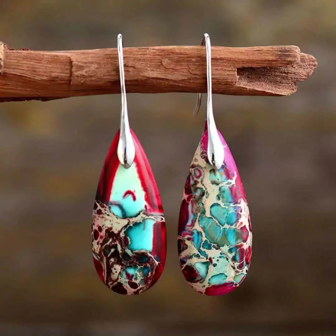 YWLY 2022 Bohemian Natural Red Imperial Jasper Semi Precious Stone Teardrop Gemstone Dangle Earrings For Women