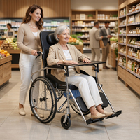 Fauteuil roulant entièrement inclinable pratique avec pneus pleins de 24 pouces et siège en cuir, en acier au carbone, avec repose-jambes réglable, frein à main, table et récipient de nuit