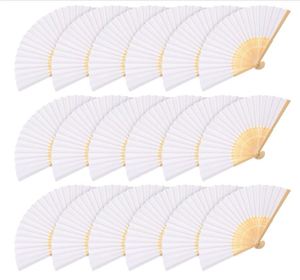 Abanicos Plegables de Bambú Blanco de 21 cm, Duraderos, con Plumas de Tela, para Manualidades, Bodas, Iglesias y Fiestas, Incluye Bolsas de Regalo - Product Image 1