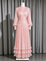 Robe de soirée rose à manches longues pour femme, col montant, taille plissée, ourlet à volants superposés, robe de cérémonie personnalisée, vente en gros
