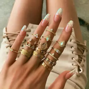 Go Party Bohemian 15 Pcs/Set Geometric Opal Diamond Knuckle Ring Set Woman Jewelry Carving Flower Water Drop Finger Rings Set