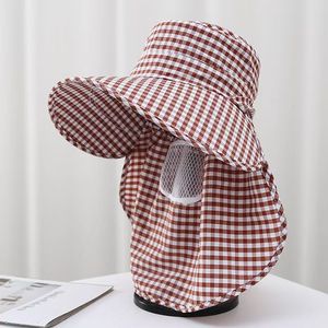 Chapeau de cueilleur de thé à large bord respirant, protection solaire, cache-visage et cache-cou, idéal pour l'extérieur printemps-été, motif à carreaux - Product Image 5
